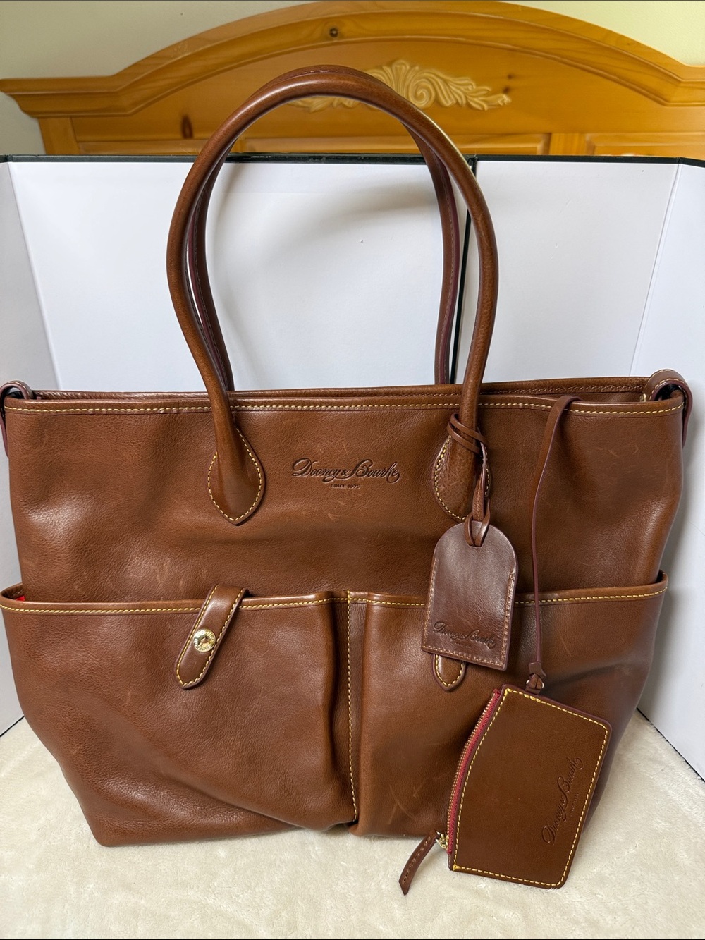 Dooney & Bourke Florentine Medium East West Pocket Satchel Tote Leather Chestnut
